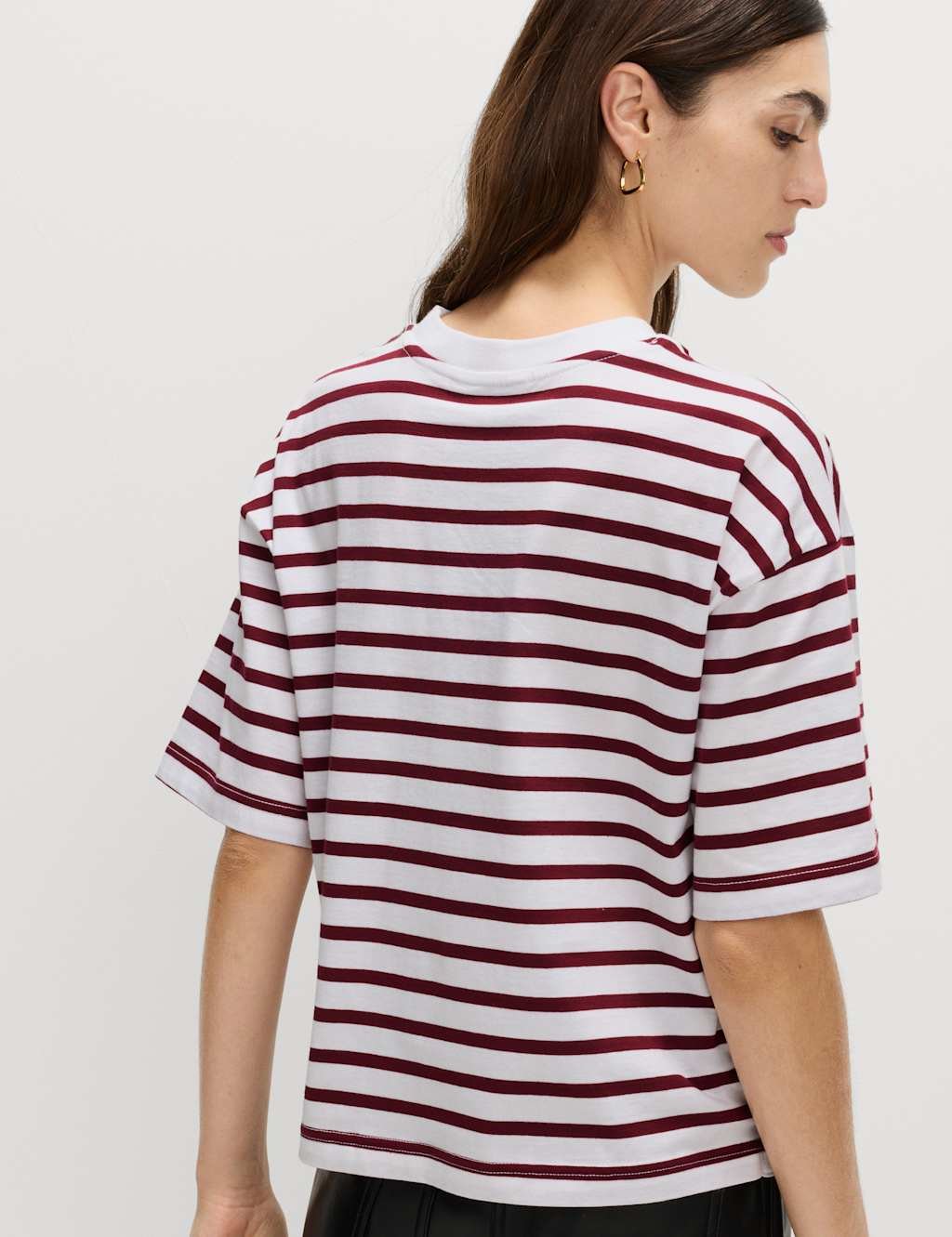Marks & Spencer M&S Pure Cotton Relaxed Striped Boxy T-Shirt Burgundy Mix - 3
