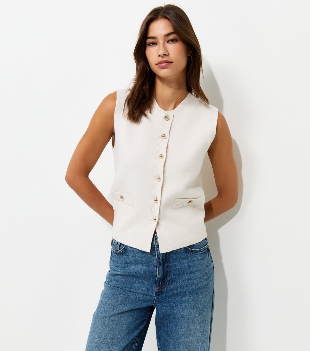 New Look Women's Cream Midweight Knit Dome Button Waistcoat New Look