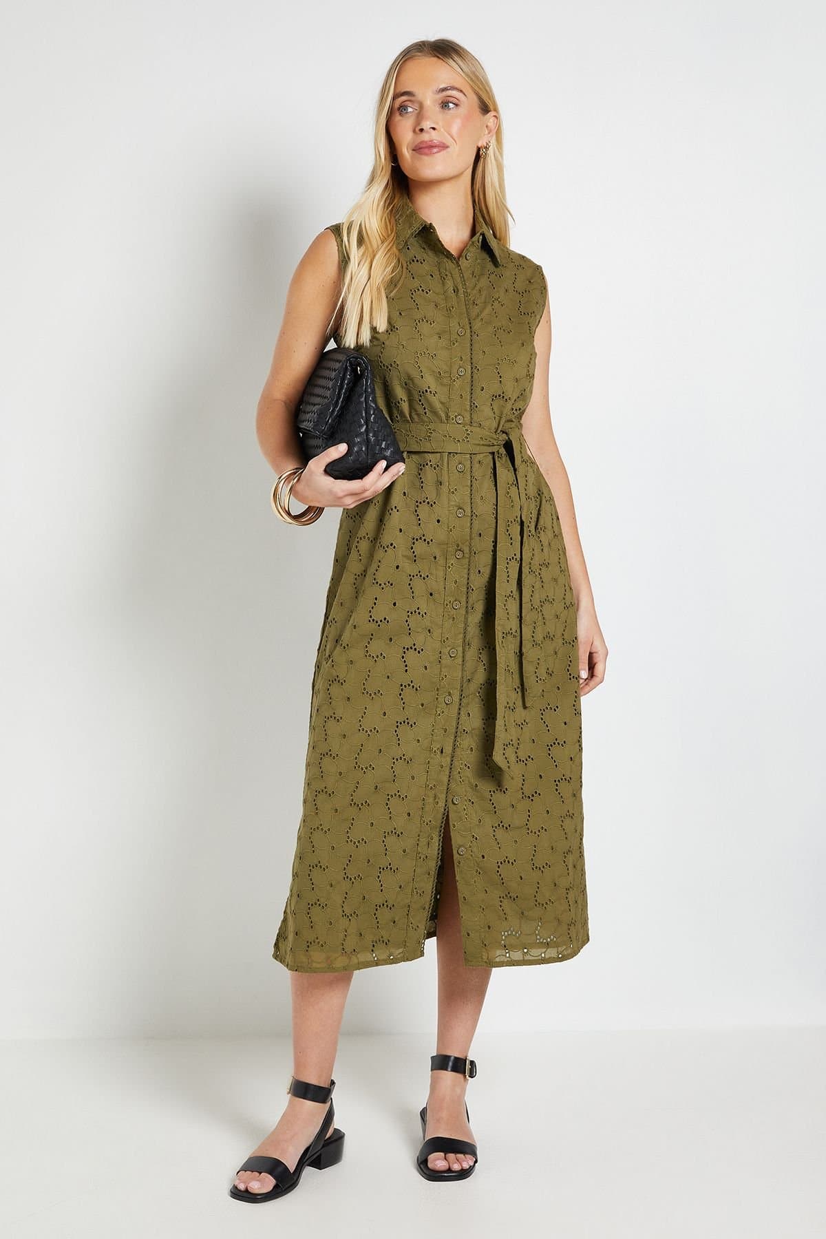 Wallis Wallis Women's Petite Summer Broderie Midi Dress in Khaki
