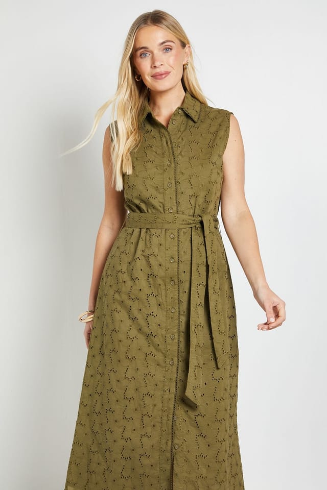 Wallis Wallis Women's Petite Summer Broderie Midi Dress in Khaki - 2