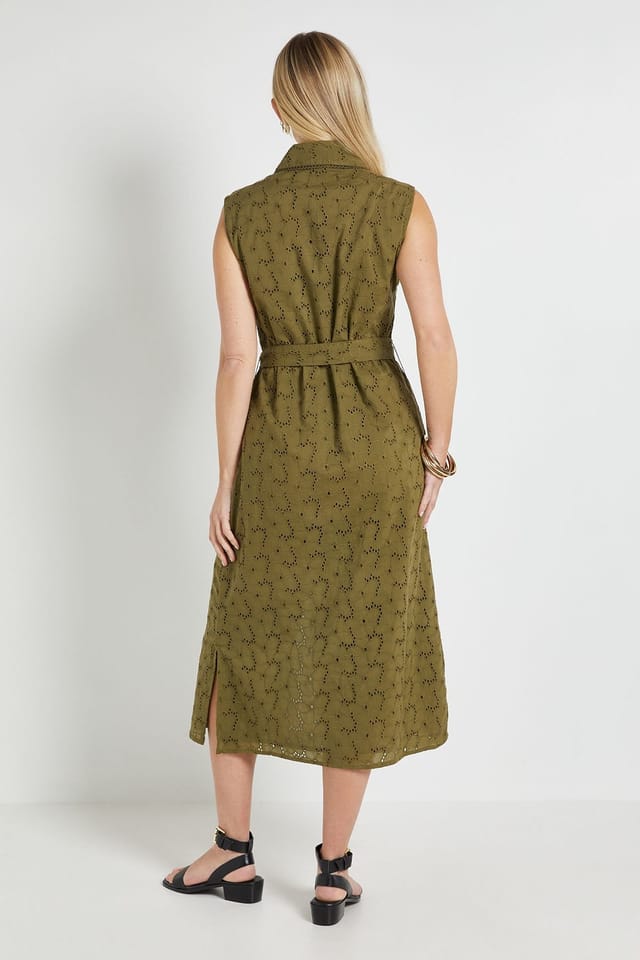 Wallis Wallis Women's Petite Summer Broderie Midi Dress in Khaki - 3