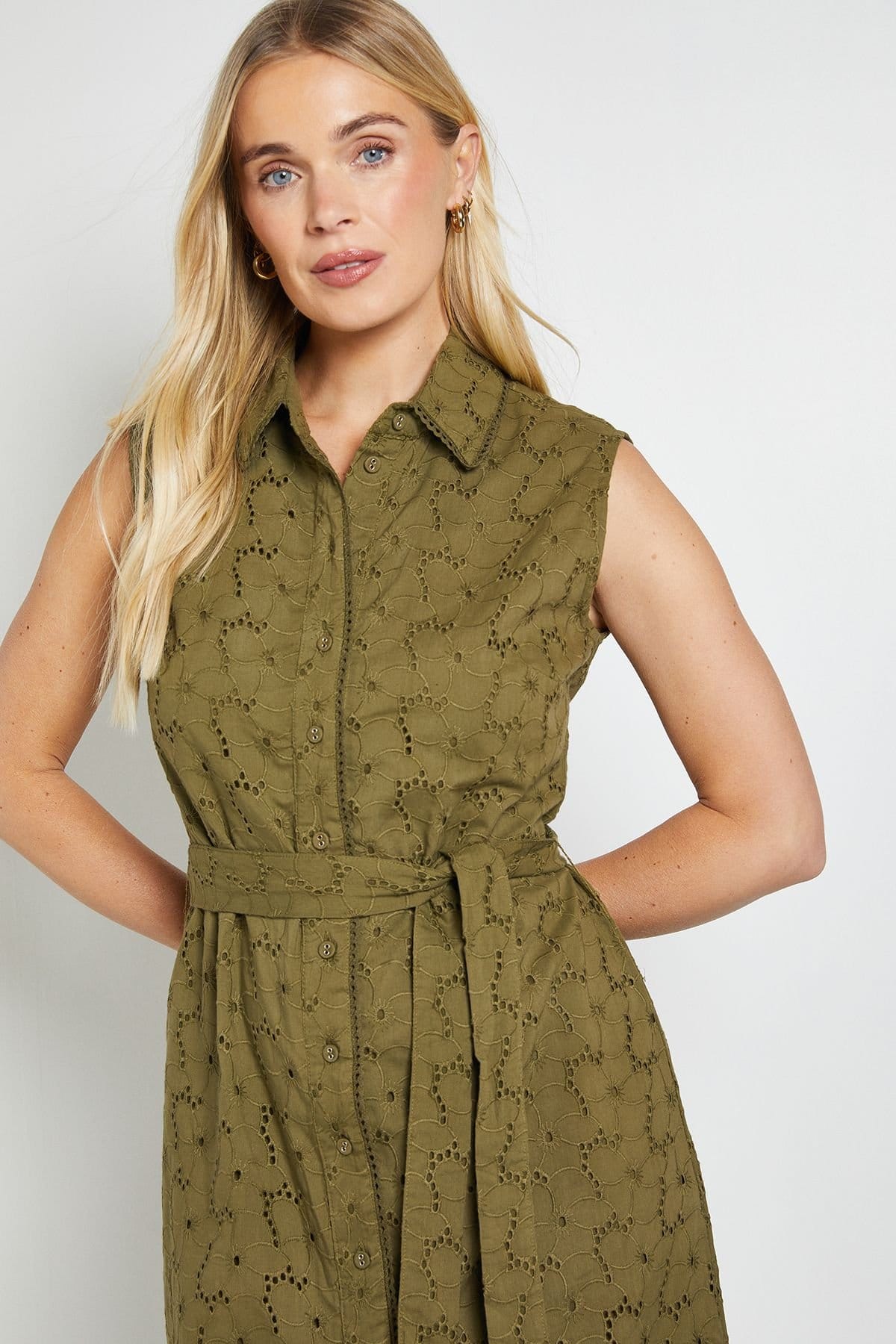 Wallis Wallis Women's Petite Summer Broderie Midi Dress in Khaki - 4