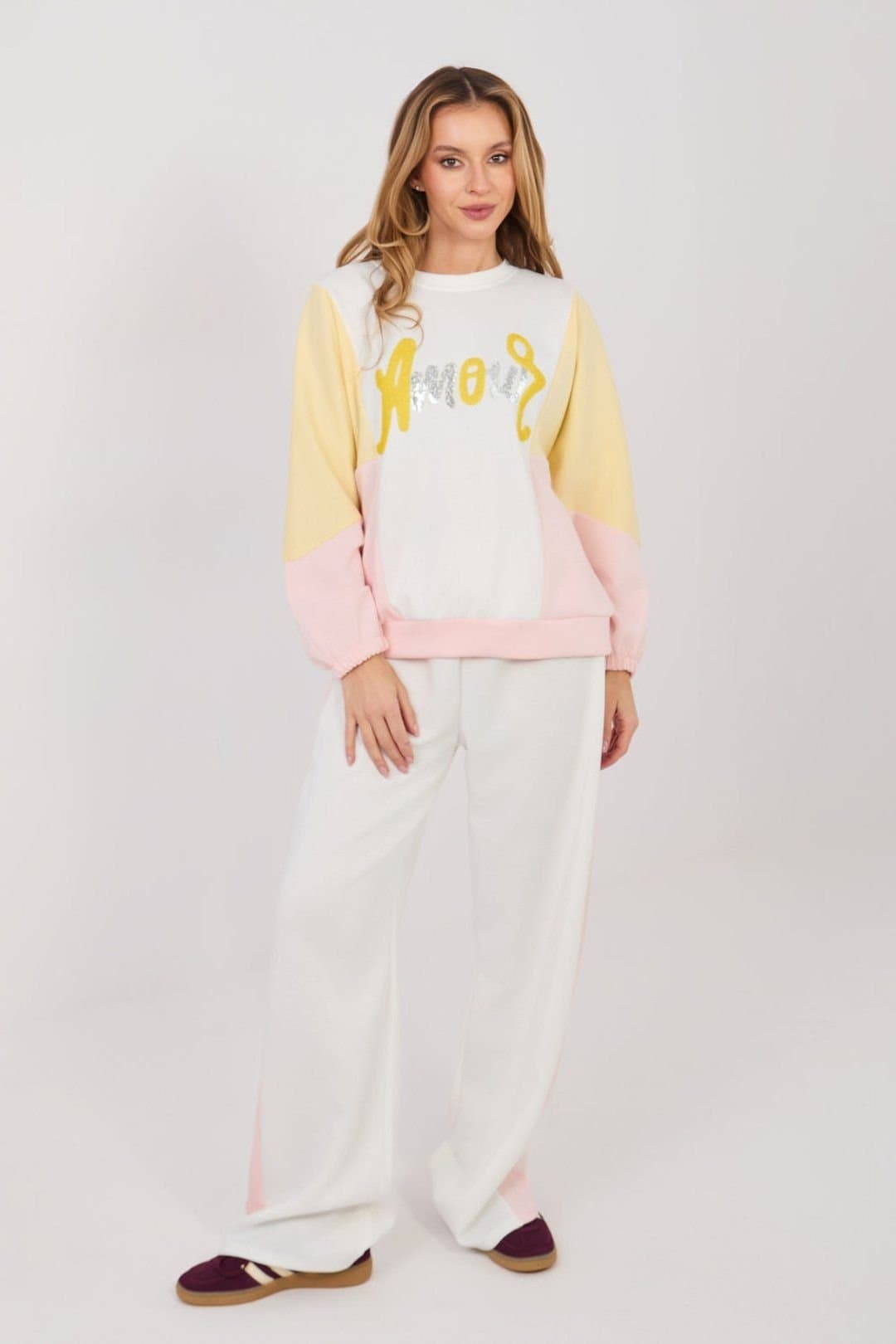 Love Lace Love Lace Women's Buttery Soft Sequin Slogan Tracksuit Set in White