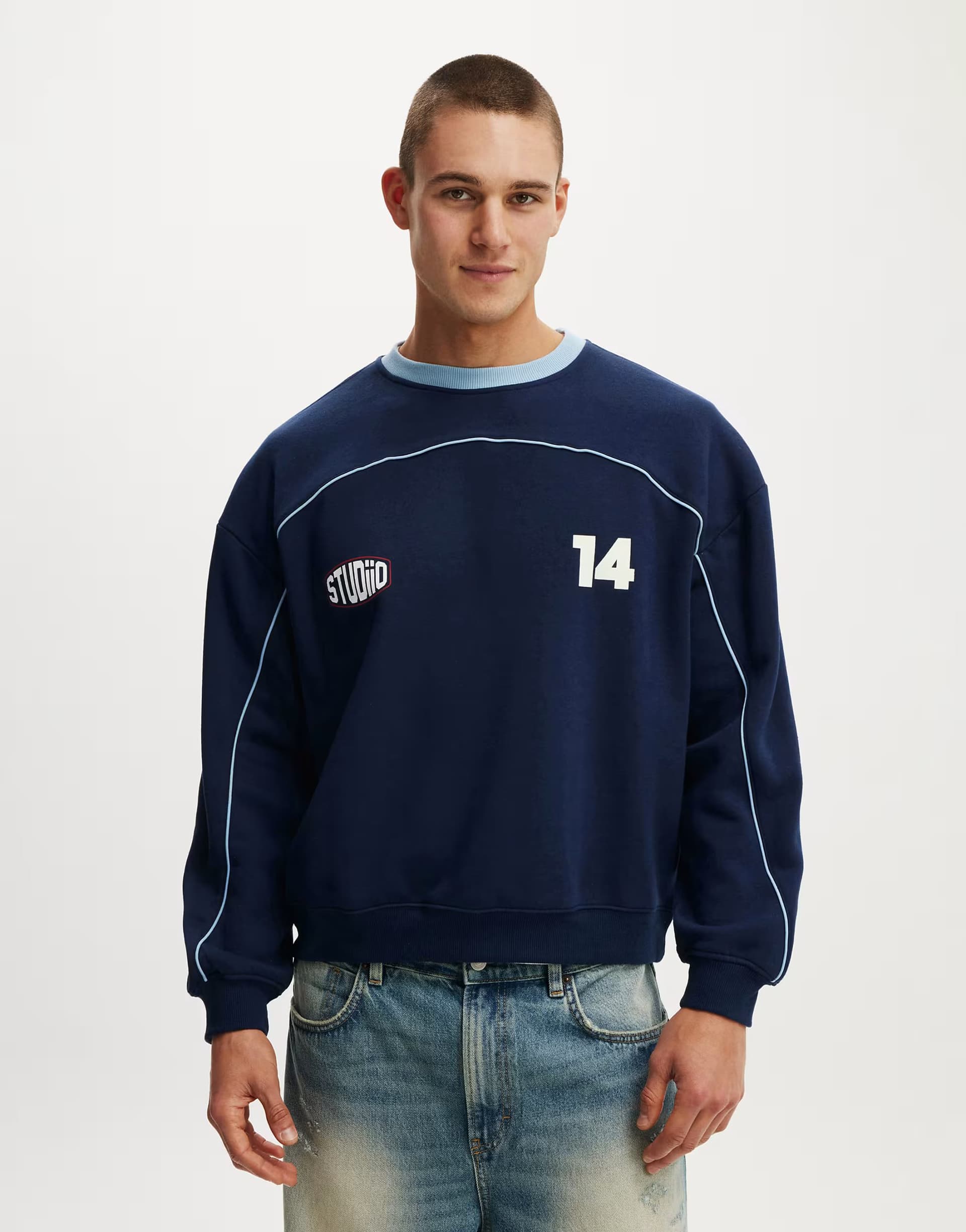 ASOS Cotton On Box fit graphic crew sweater in blue