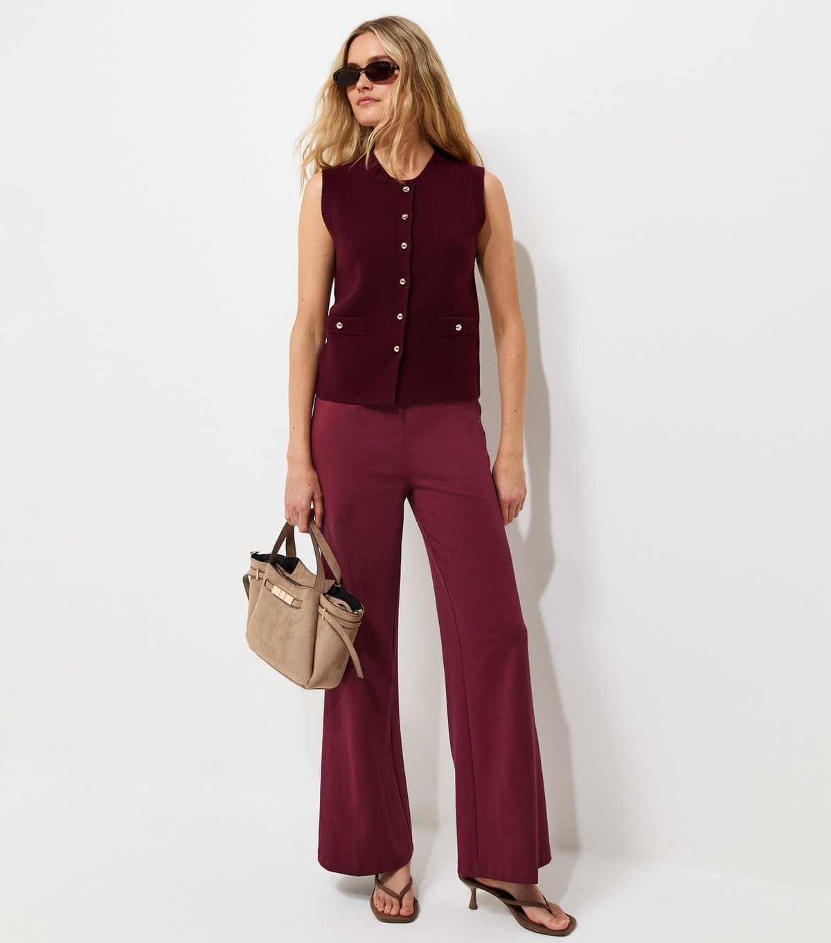 New Look Women's Dark Burgundy Jersey Wide Leg Trousers New Look