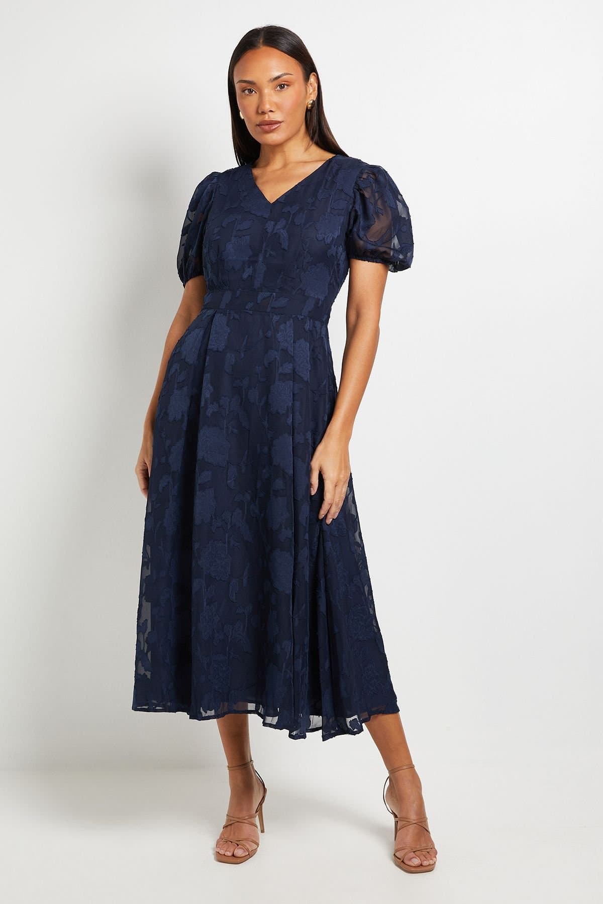 Principles Principles Women's Floral Jacquard Puff Sleeve Midi Dress in Navy