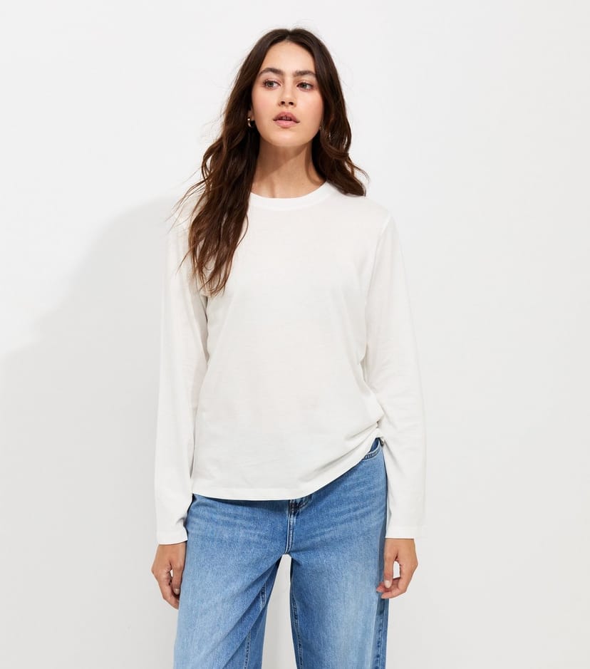New Look Women's Cream Cotton Relaxed Crew Neck Long Sleeve Top New Look - 1
