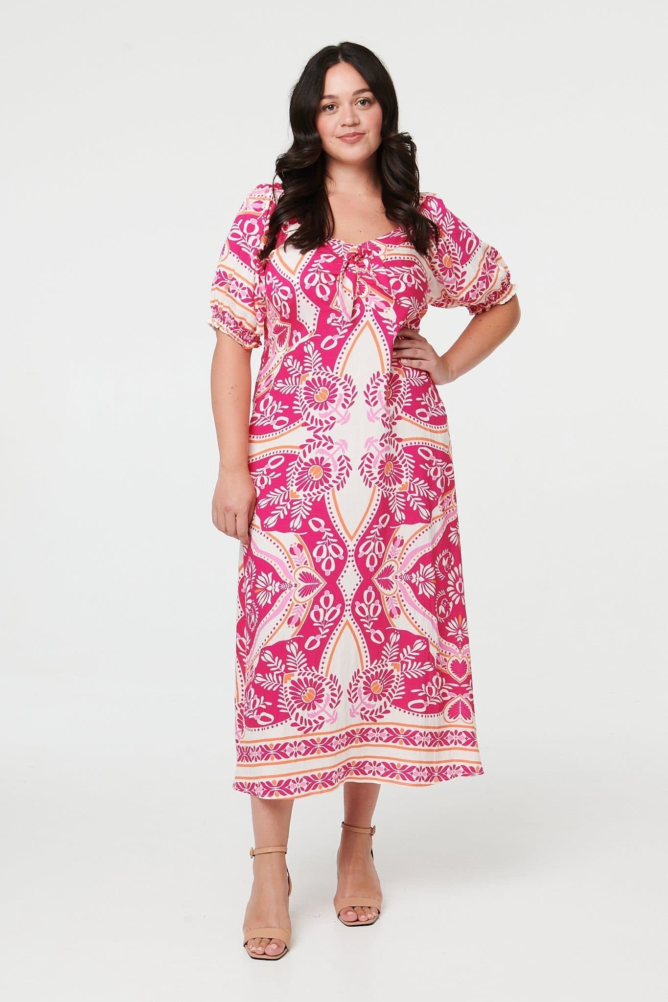 Izabel London Izabel London Women's Curve Tie Front A-Line Midi Dress in Pink