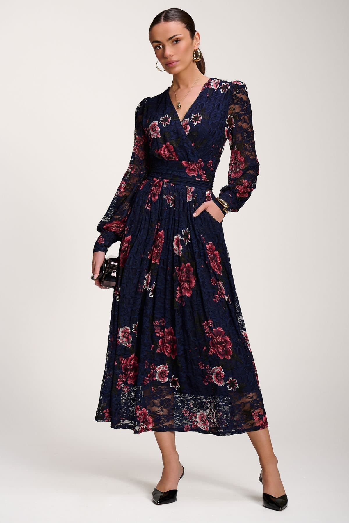 Jolie Moi Jolie Moi Women's Long Sleeve Printed Lace Midaxi Dress in Dark Navy