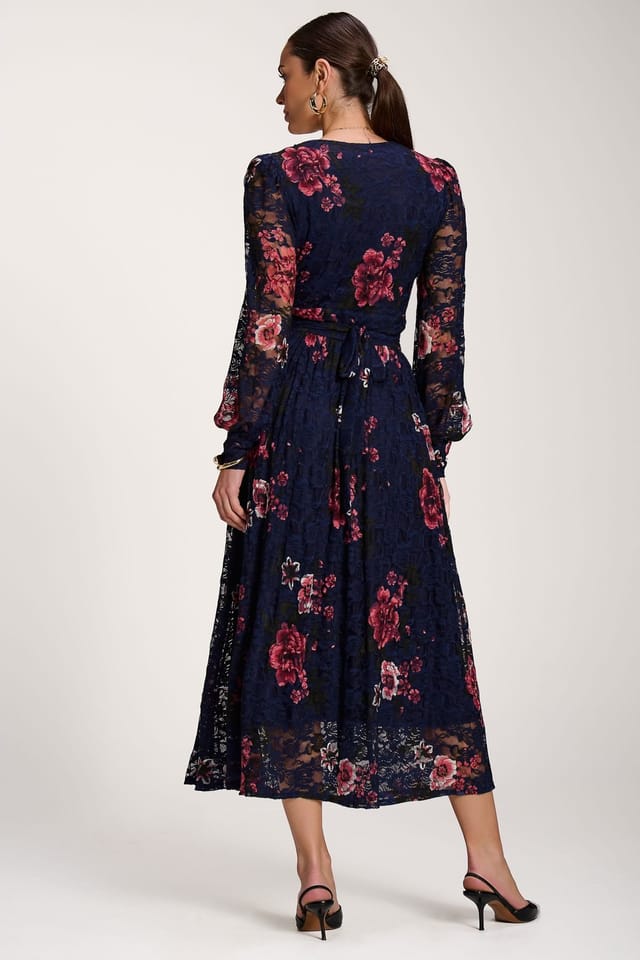 Jolie Moi Jolie Moi Women's Long Sleeve Printed Lace Midaxi Dress in Dark Navy - 2