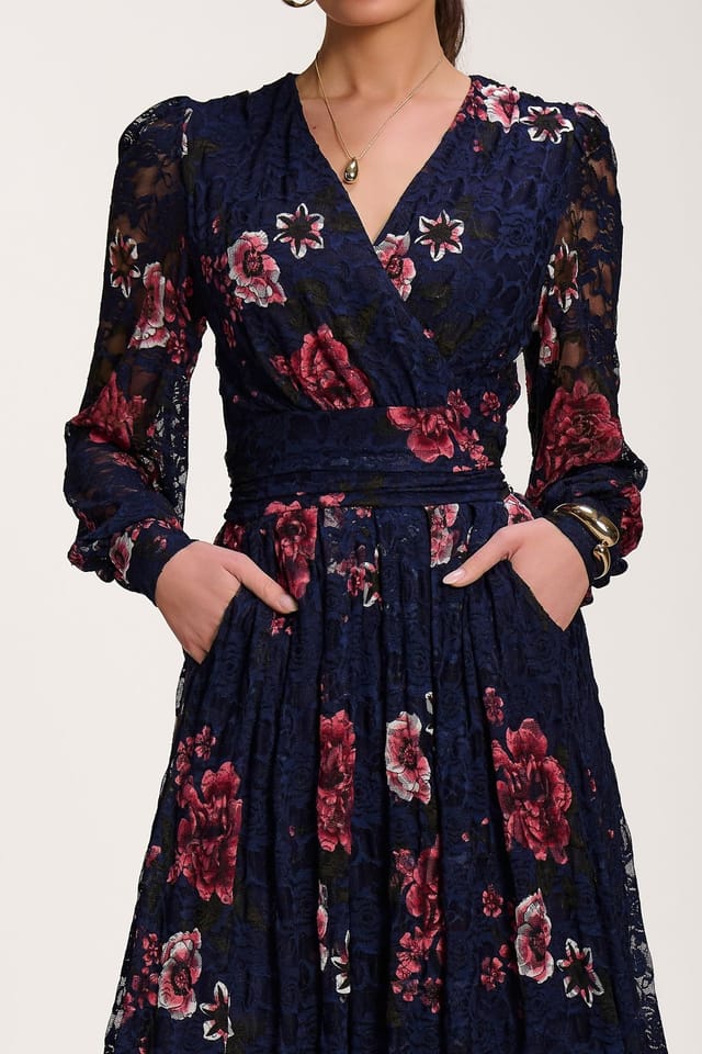 Jolie Moi Jolie Moi Women's Long Sleeve Printed Lace Midaxi Dress in Dark Navy - 3