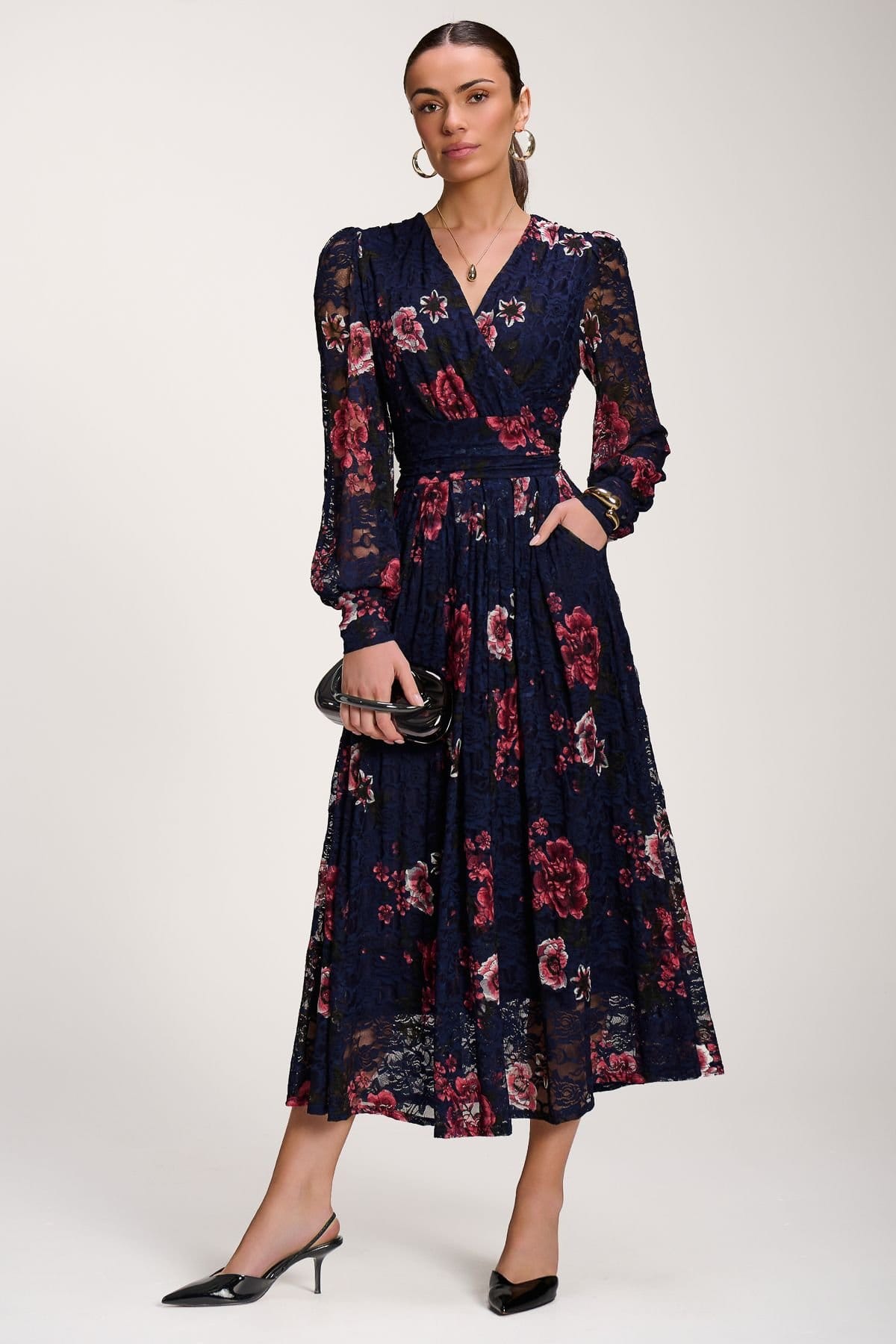 Jolie Moi Jolie Moi Women's Long Sleeve Printed Lace Midaxi Dress in Dark Navy - 4