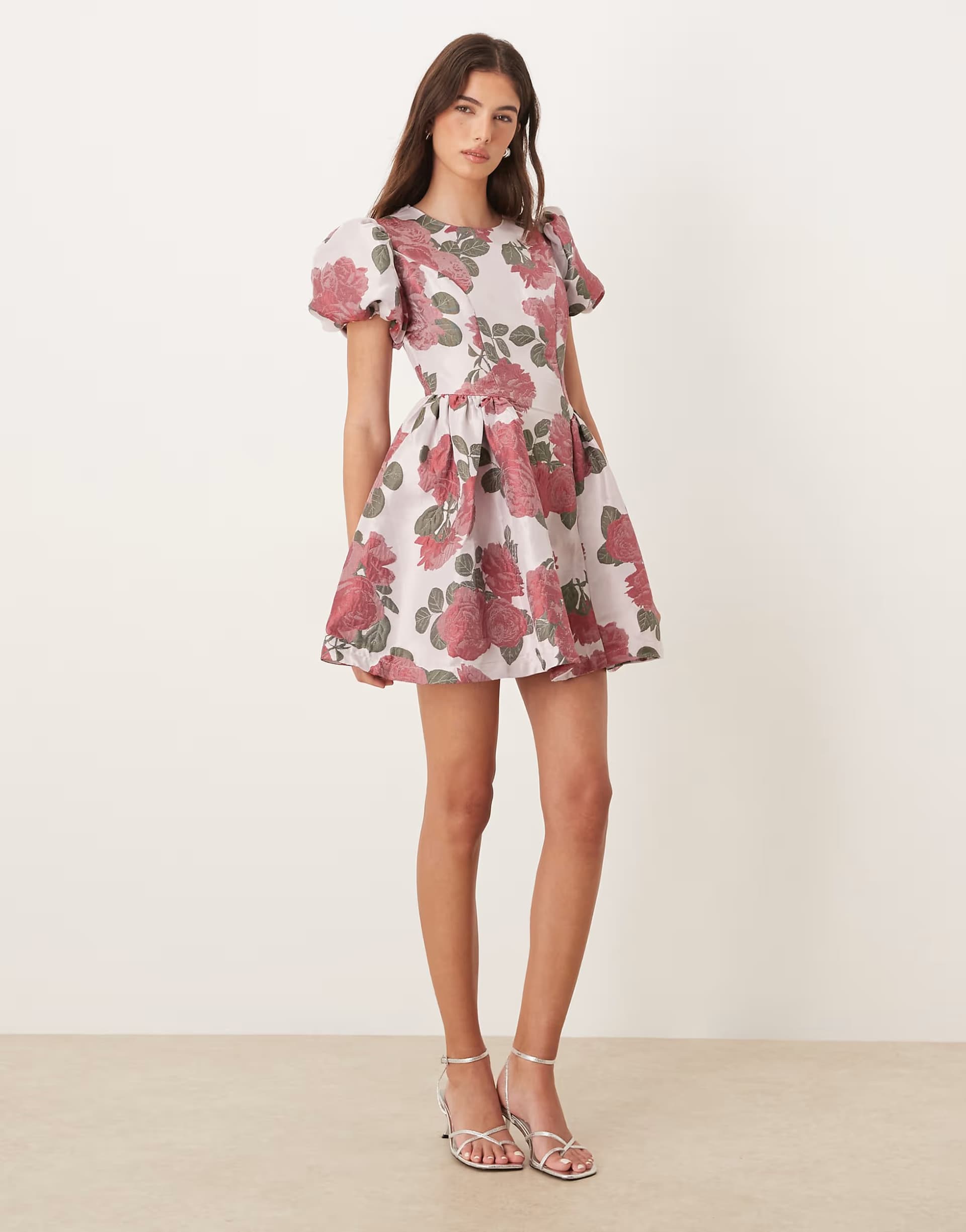 ASOS Sister Jane Good Days jacquard puff sleeve mini dress in pink floral