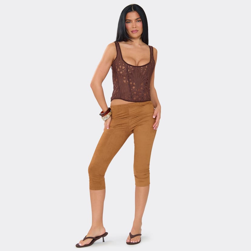 EGO Mid Rise Capri Trousers In Tan Suede, Women's Size UK 6 - 1