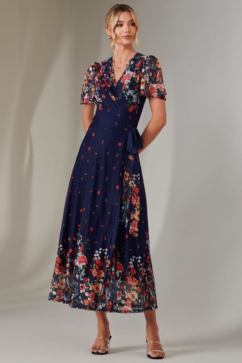 Jolie Moi Jolie Moi Women's Mirror Print Mesh Wrap Maxi Dress