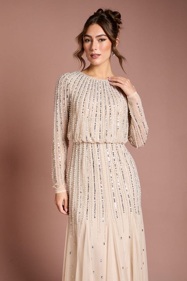 Coast Coast Women's Linear Sequin Embellished Long Sleeve Maxi Dress in Champagne - 2