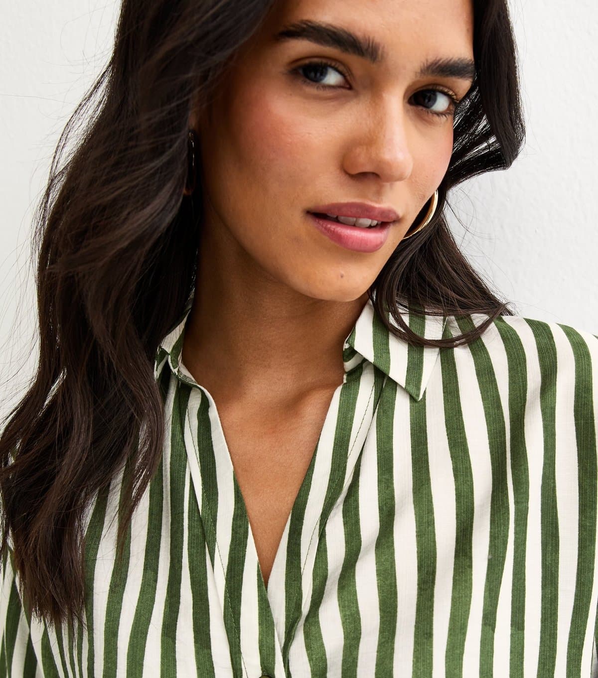 New Look Women's Green Striped 3/4 Sleeve Shirt New Look