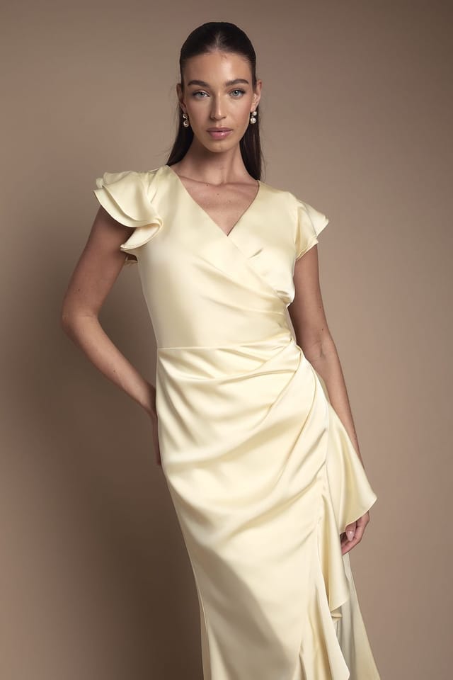 Coast Coast Women's Wrap Front Frill Hem Cap Sleeve Bridesmaid Dress in Lemon - 2