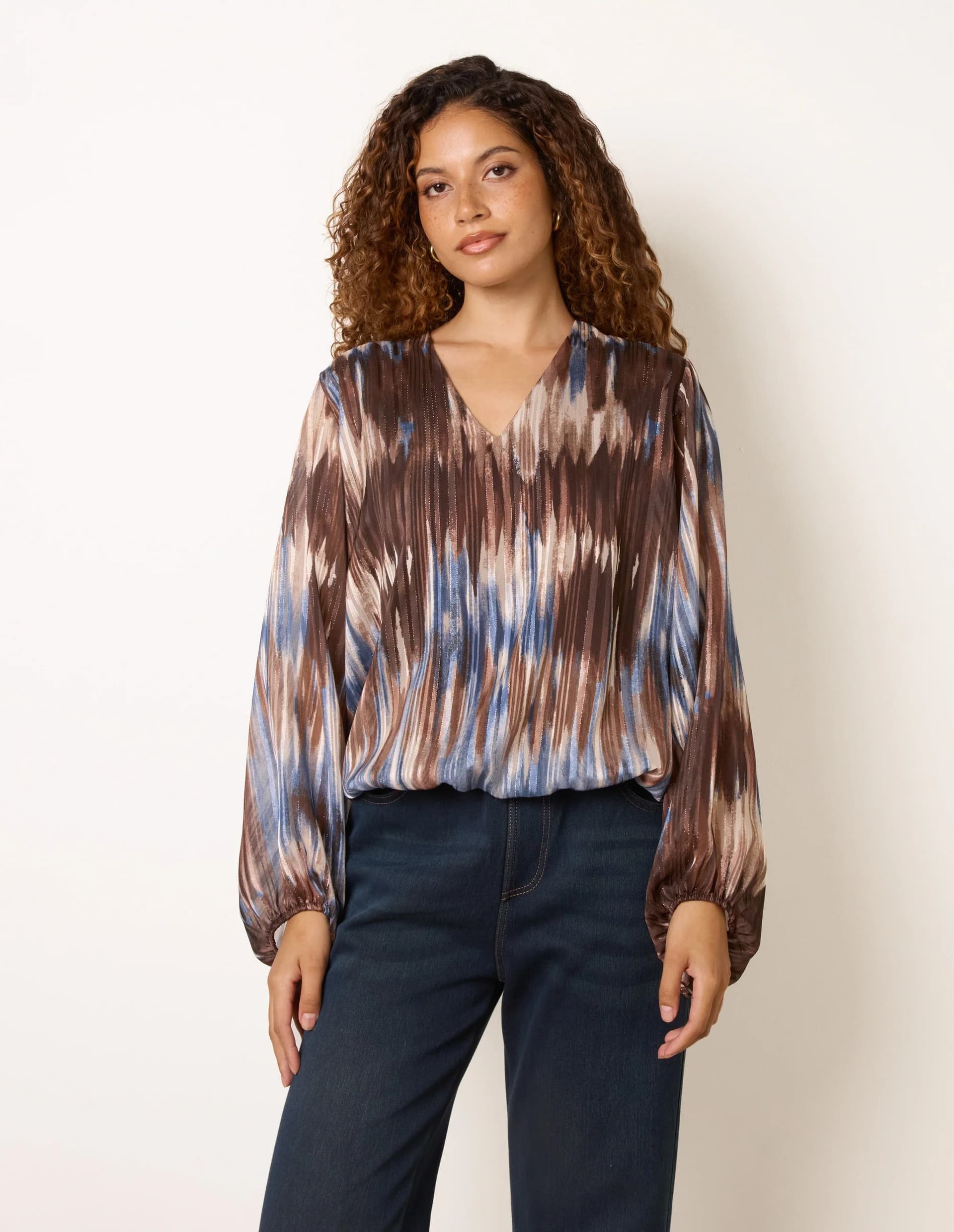Blue Vanilla V Neck Metallic Bubble Hem Top