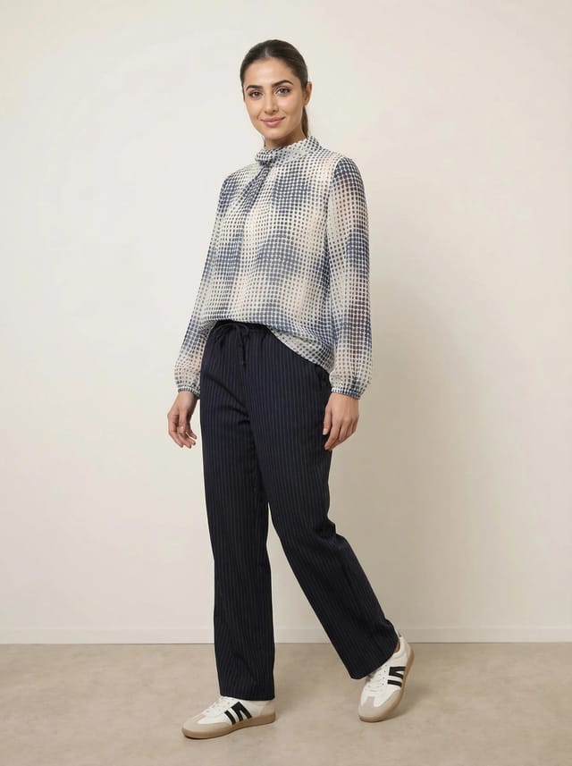 Blue Vanilla Spot Print Puffball Cowl Neck Blouse - 2