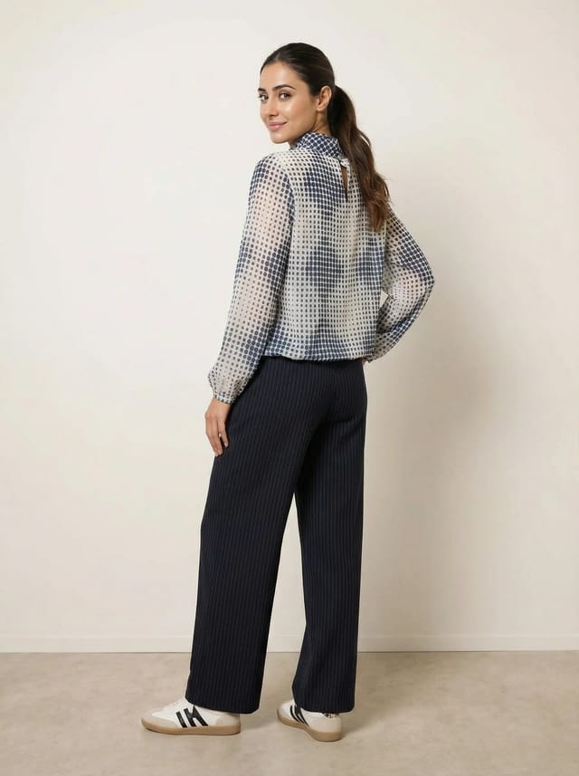 Blue Vanilla Spot Print Puffball Cowl Neck Blouse - 3