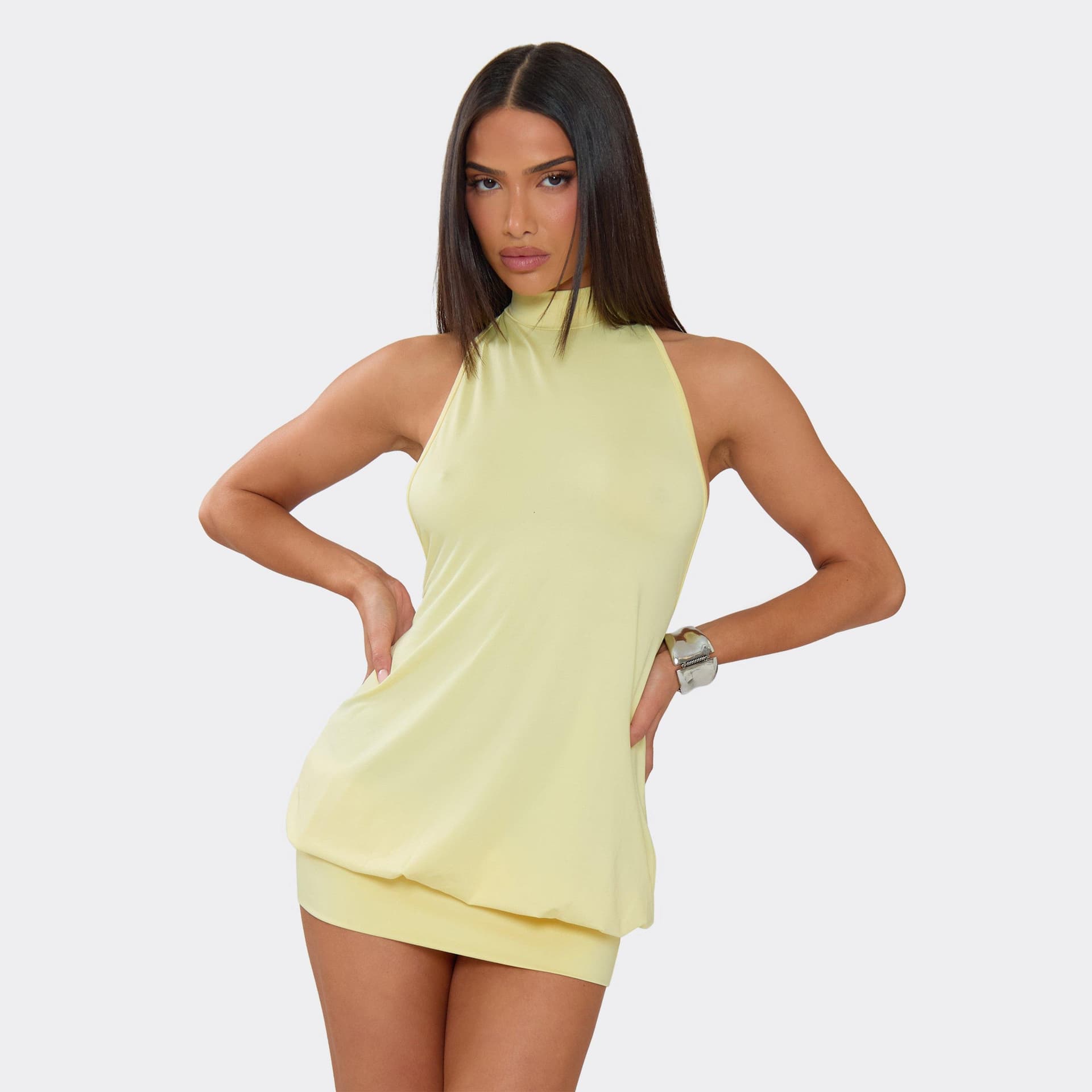 EGO High Neck Open Back Skirt Detail Mini Dress In Yellow, Women's Size UK M