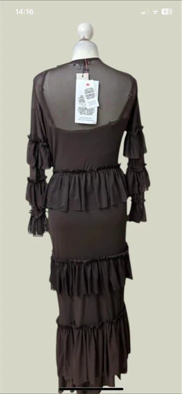 Never Fully Dressed Ladies Never Fully Dressed sheer ruffle mesh maxi dress in chocolate size 14