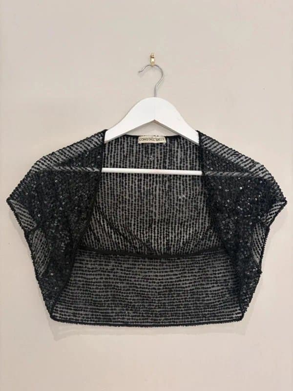 Long Tall Sally Y2K Long Tall Sally Black Sequin Mesh Cropped Bolero Shrug UK 10 12 Cover Up