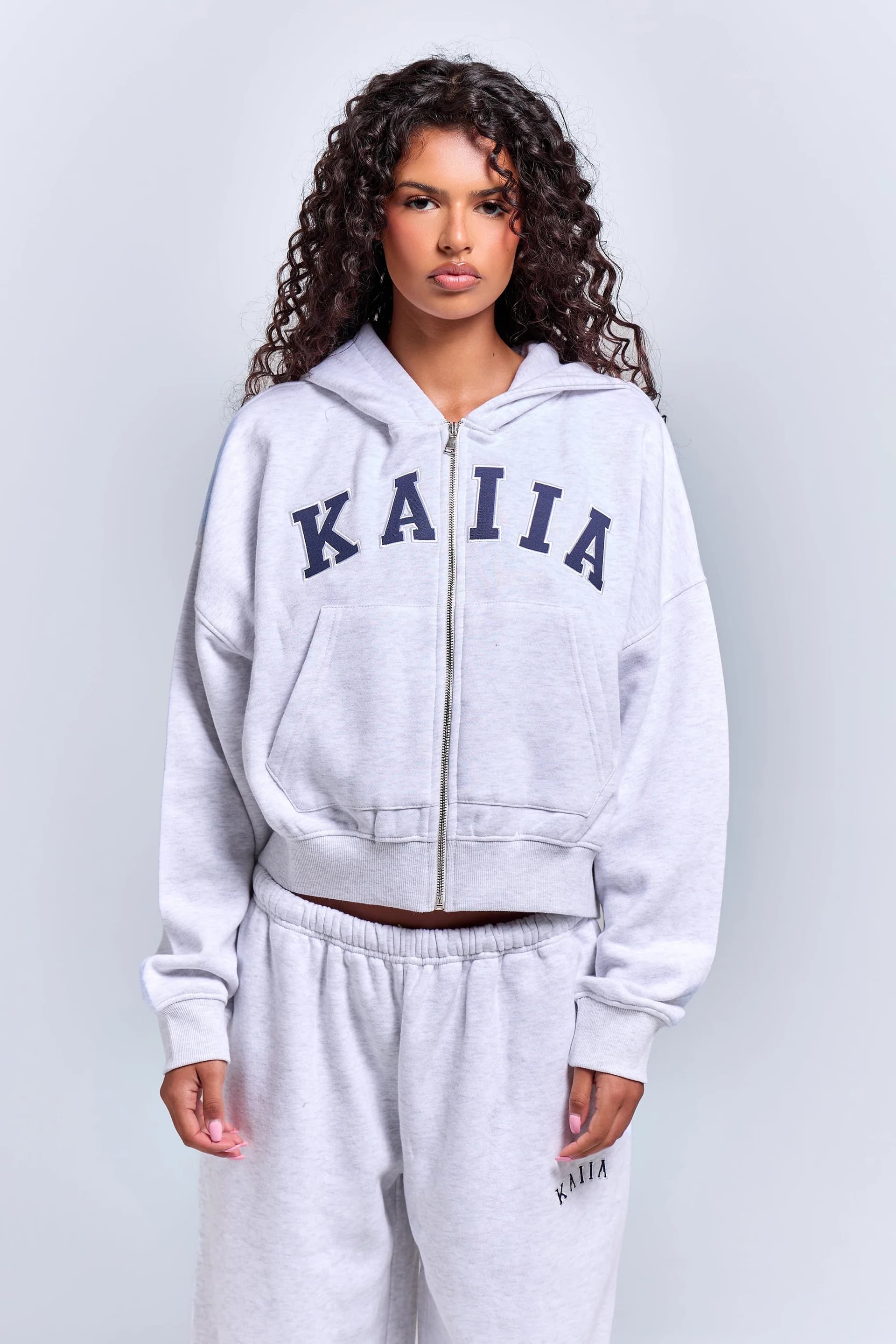 Kaiia Kaiia Slogan Oversized Zip Through Hoodie Light Grey Marl & Navy
