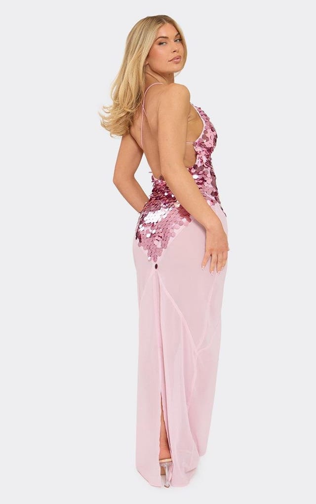 EGO Strappy Plunge Disc Sequin Sheer Panel Maxi Dress In Pink, Women's Size UK 6 - 2