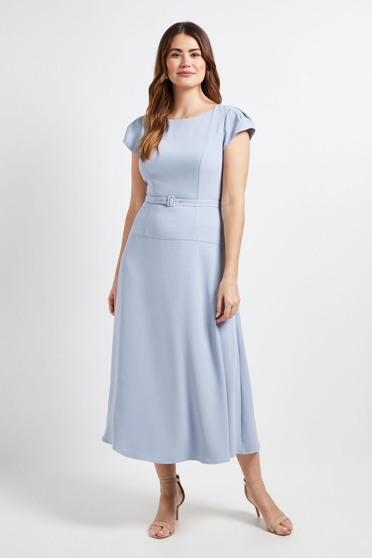 Wallis Wallis Women's Crepe Belted Cap Sleeve Midi Dress in Blue