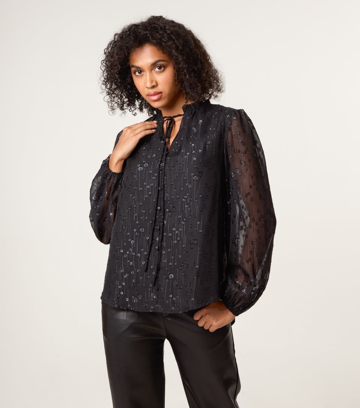 Blue Vanilla Women's Black Sheer Patterned Tie Neck Blouse Blue Vanilla New Look