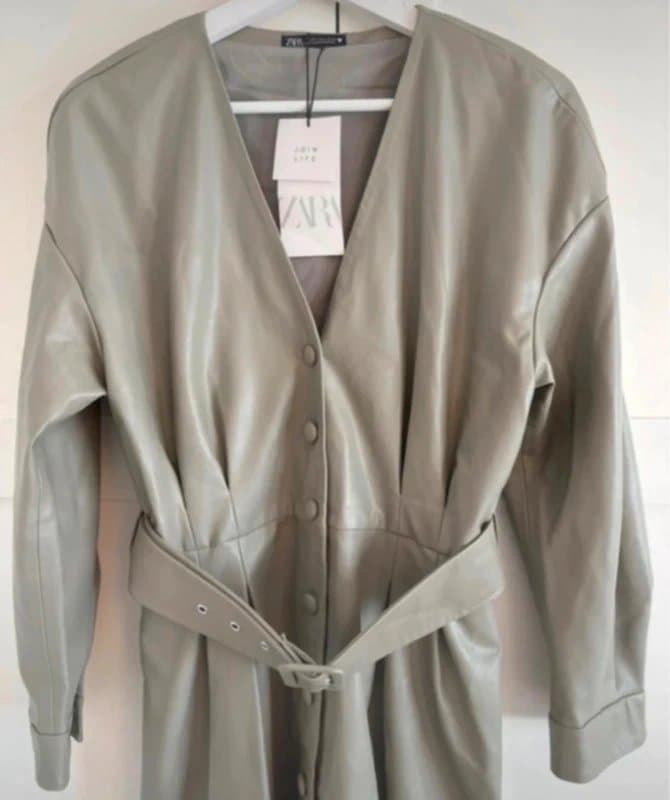 Zara ZARA Faux Leather Belted Mini Dress Sage Green V-Neck Long Sleeve BNWT Size L