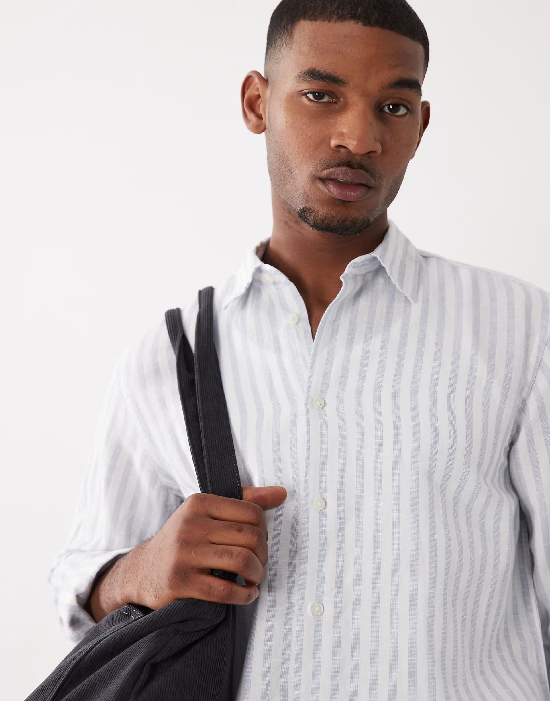ASOS Selected linen blend long sleeve shirt in blue stripe