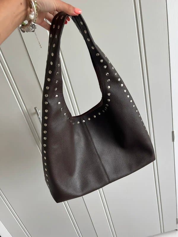 Bali Brown faux leather shoulder bag with studded detailing