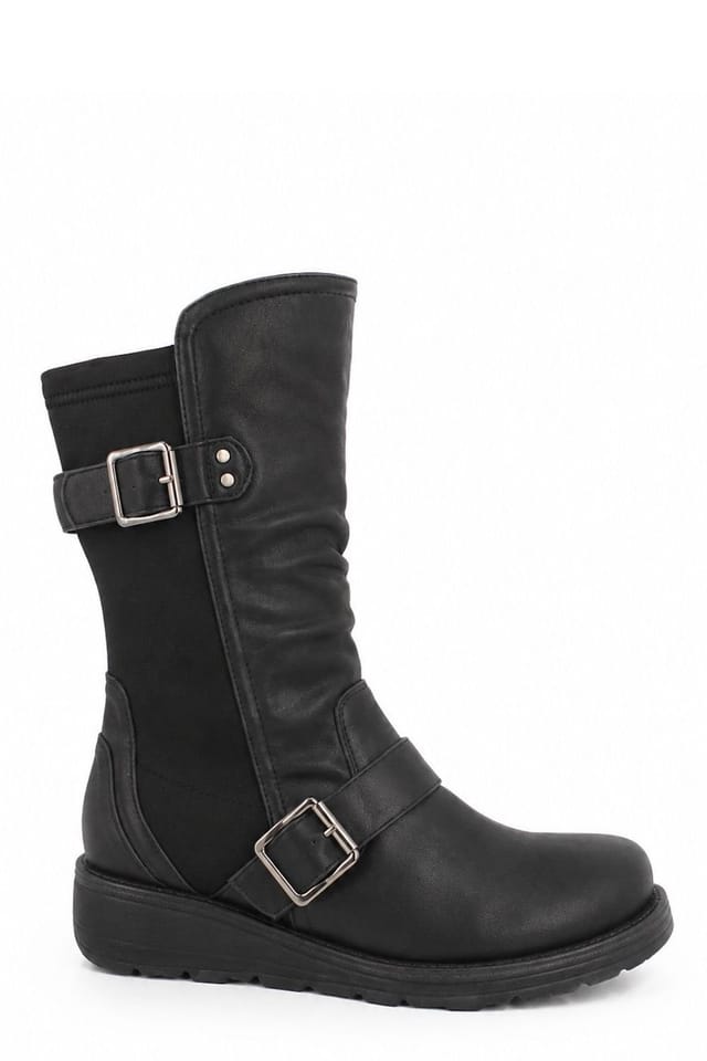 Spot On Spot On Women's Ruched Double Buckle Mid-Calf Everyday Boots in Black - 2