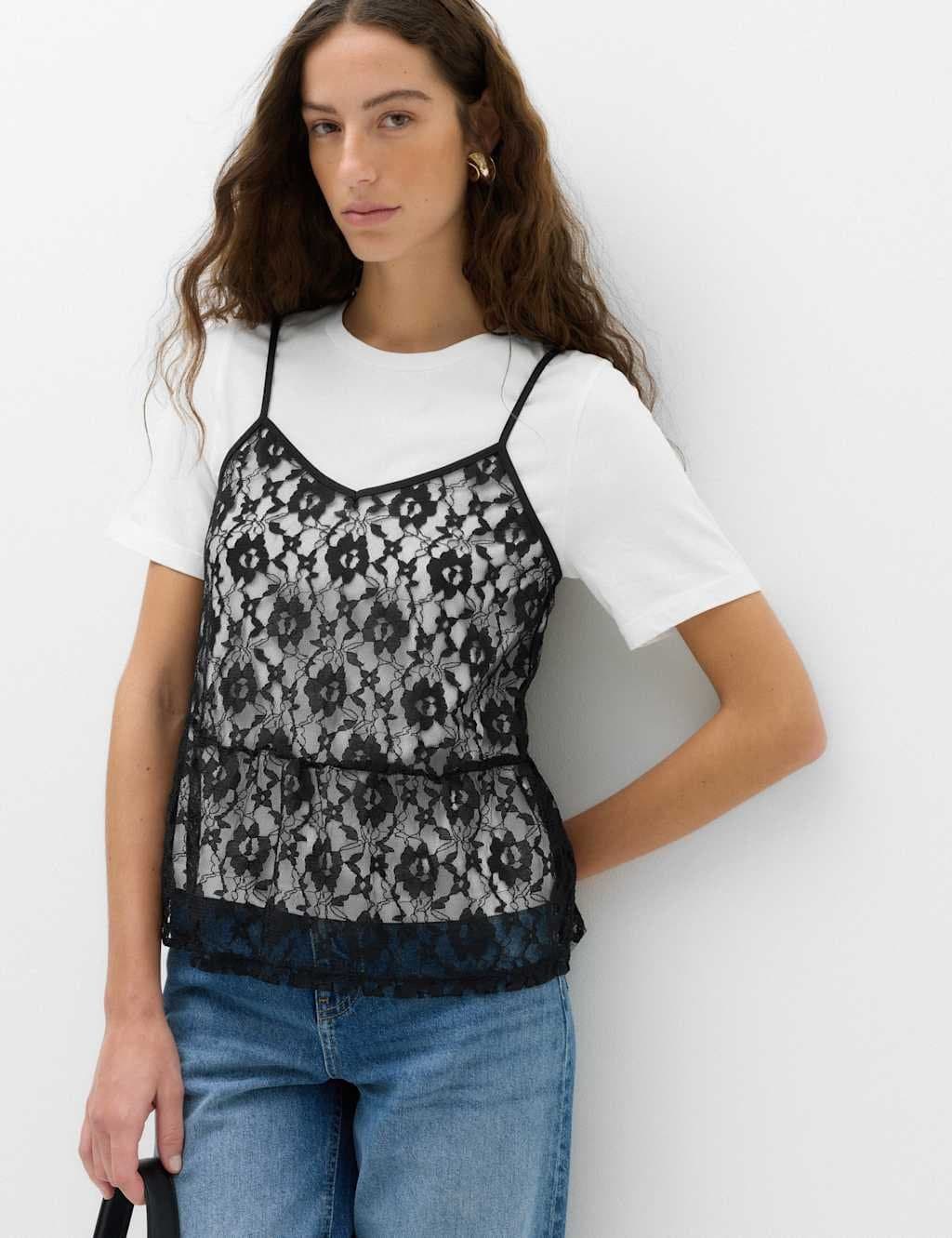 Marks & Spencer M&S Pure Cotton Lace Double Layer T-Shirt White Mix