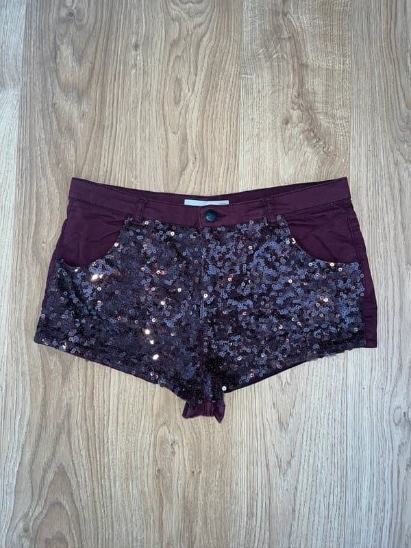 Topshop Vintage burgundy / dark purple sequin denim shorts / hot pants