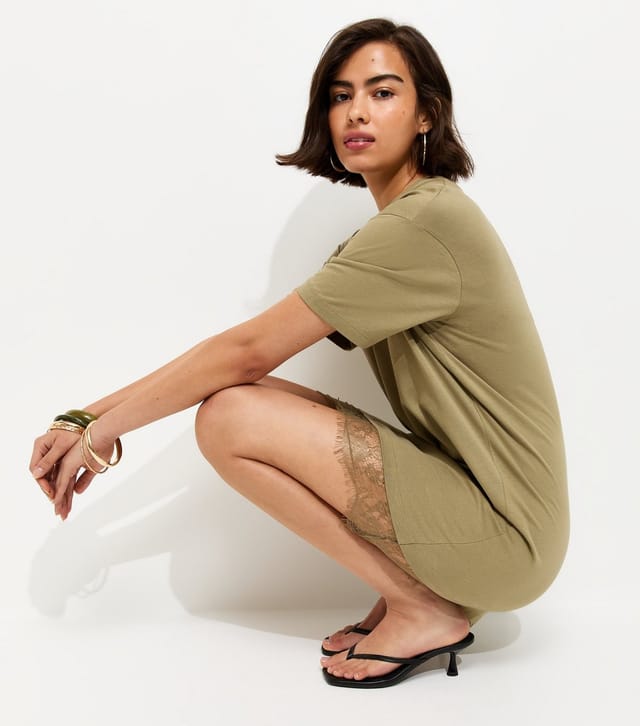 New Look Women's Khaki Lace Hem Trim Mini T-Shirt Dress New Look - 2