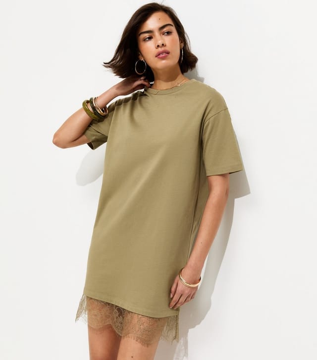 New Look Women's Khaki Lace Hem Trim Mini T-Shirt Dress New Look - 3
