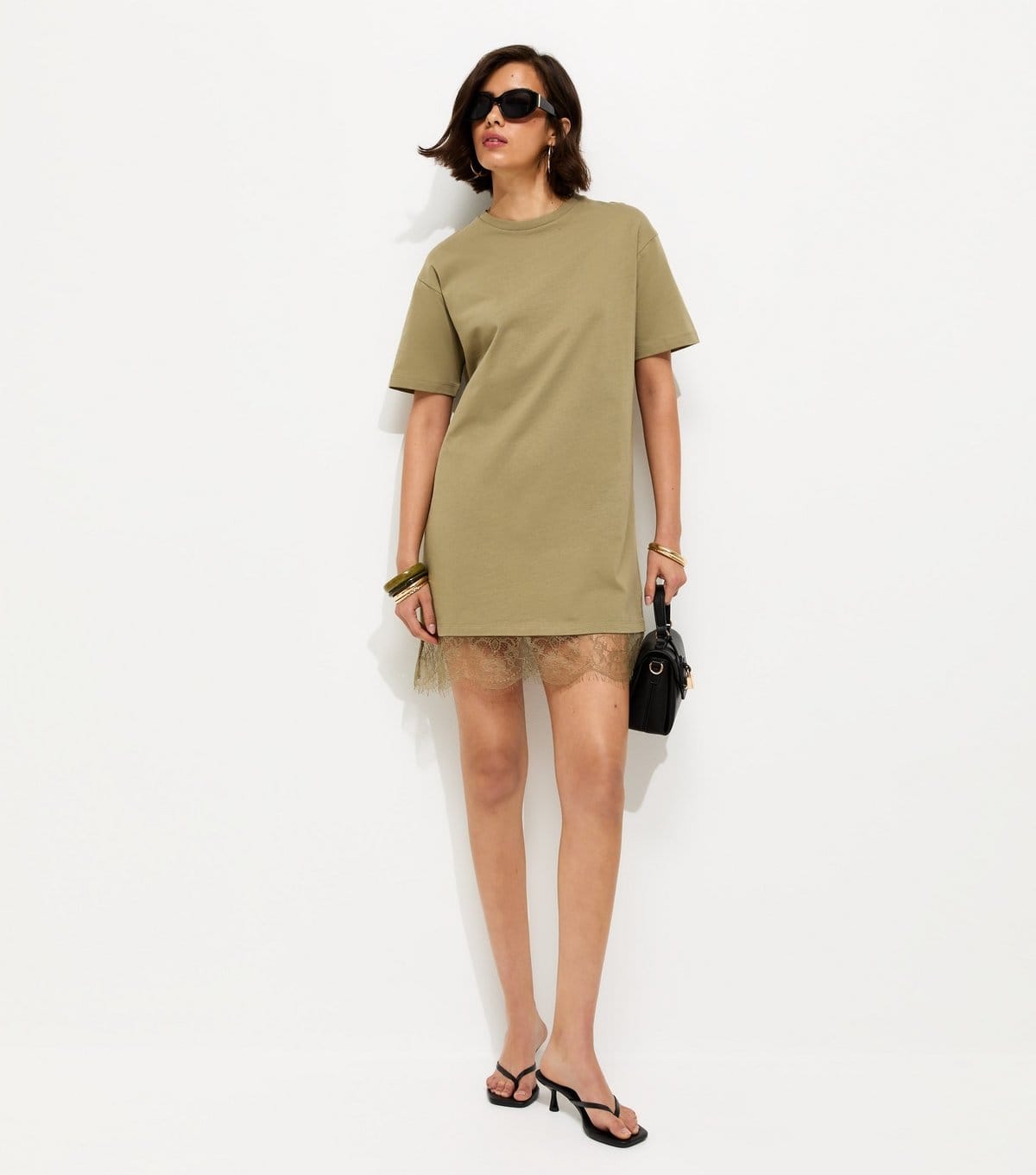 New Look Women's Khaki Lace Hem Trim Mini T-Shirt Dress New Look - 4