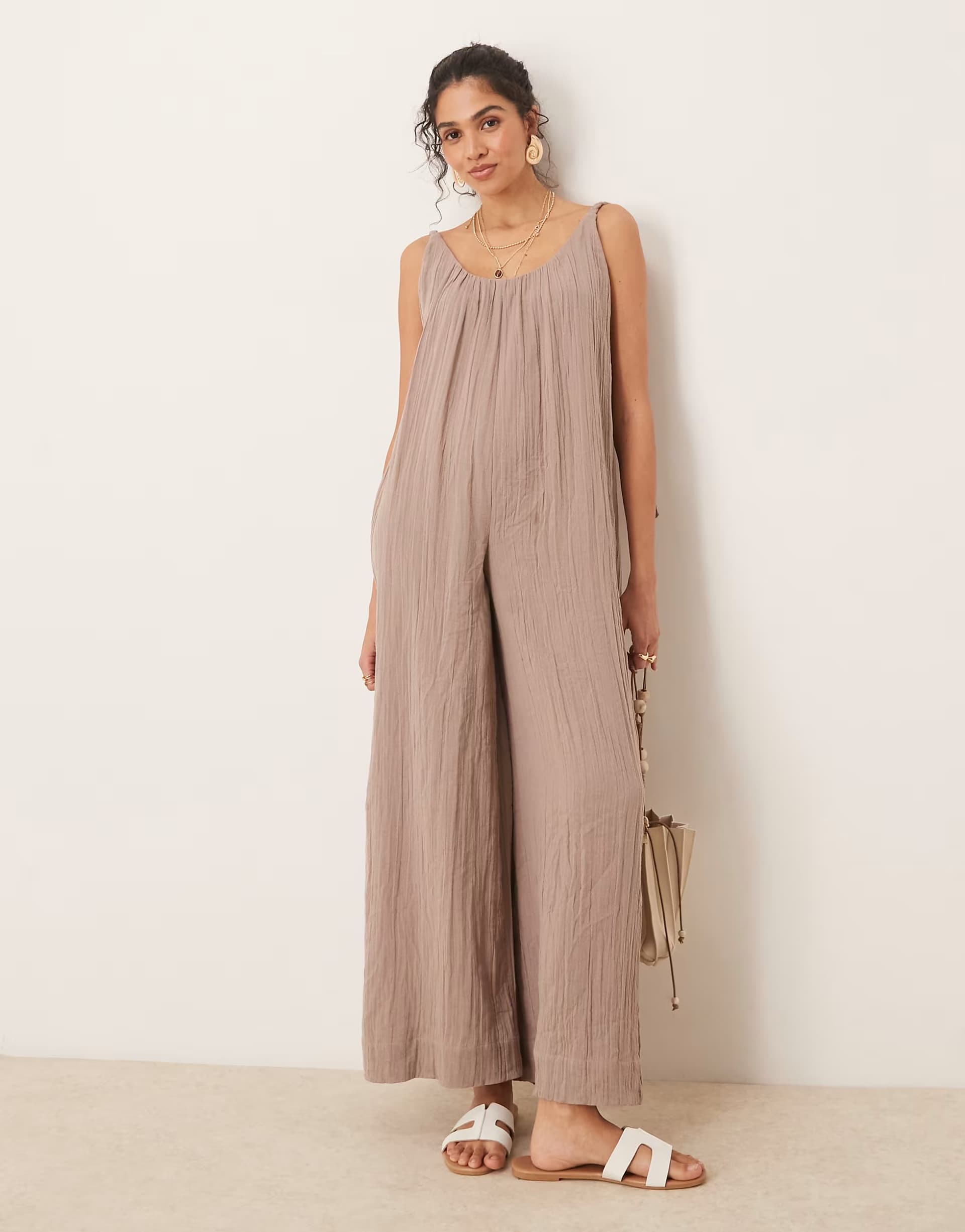 ASOS ASOS DESIGN double cloth plait tie detail scoop neck jumpsuit in taupe