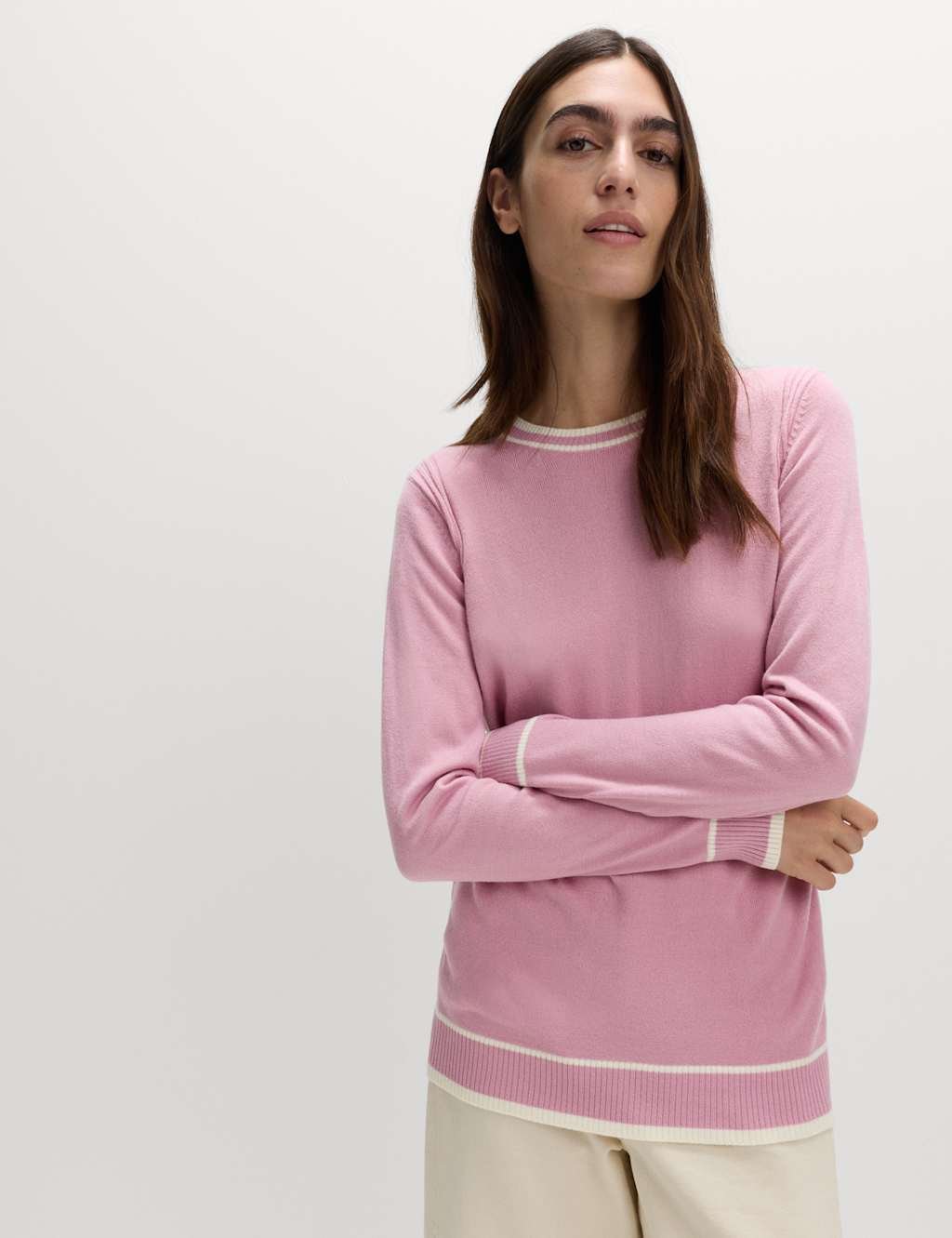 Marks & Spencer M&S Supersoft Tipped Crew Neck Jumper Medium Pink - 2