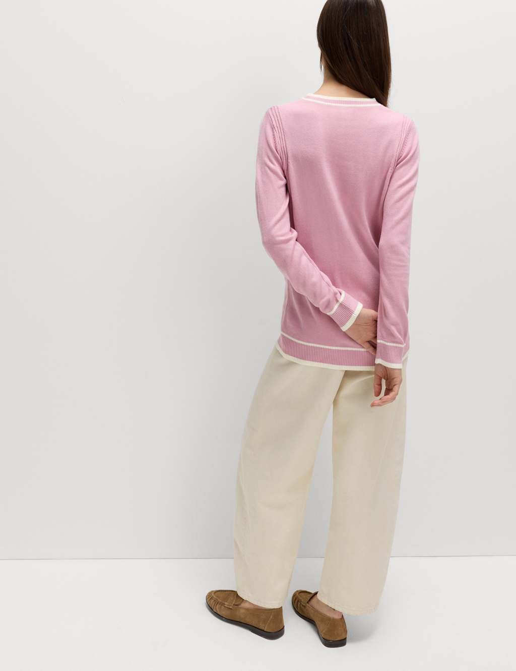 Marks & Spencer M&S Supersoft Tipped Crew Neck Jumper Medium Pink - 3