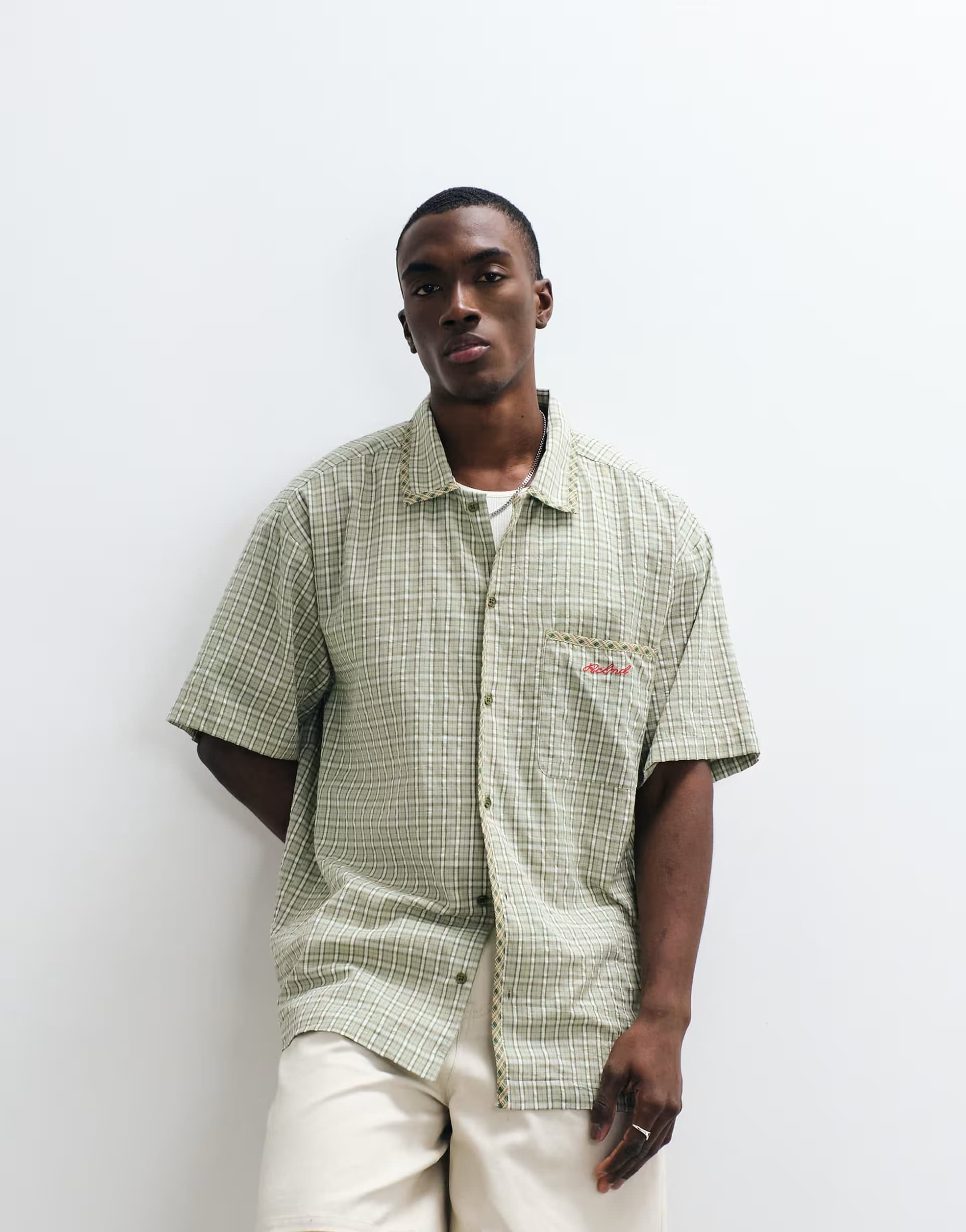 ASOS Reclaimed Vintage spliced check shirt in green and blue