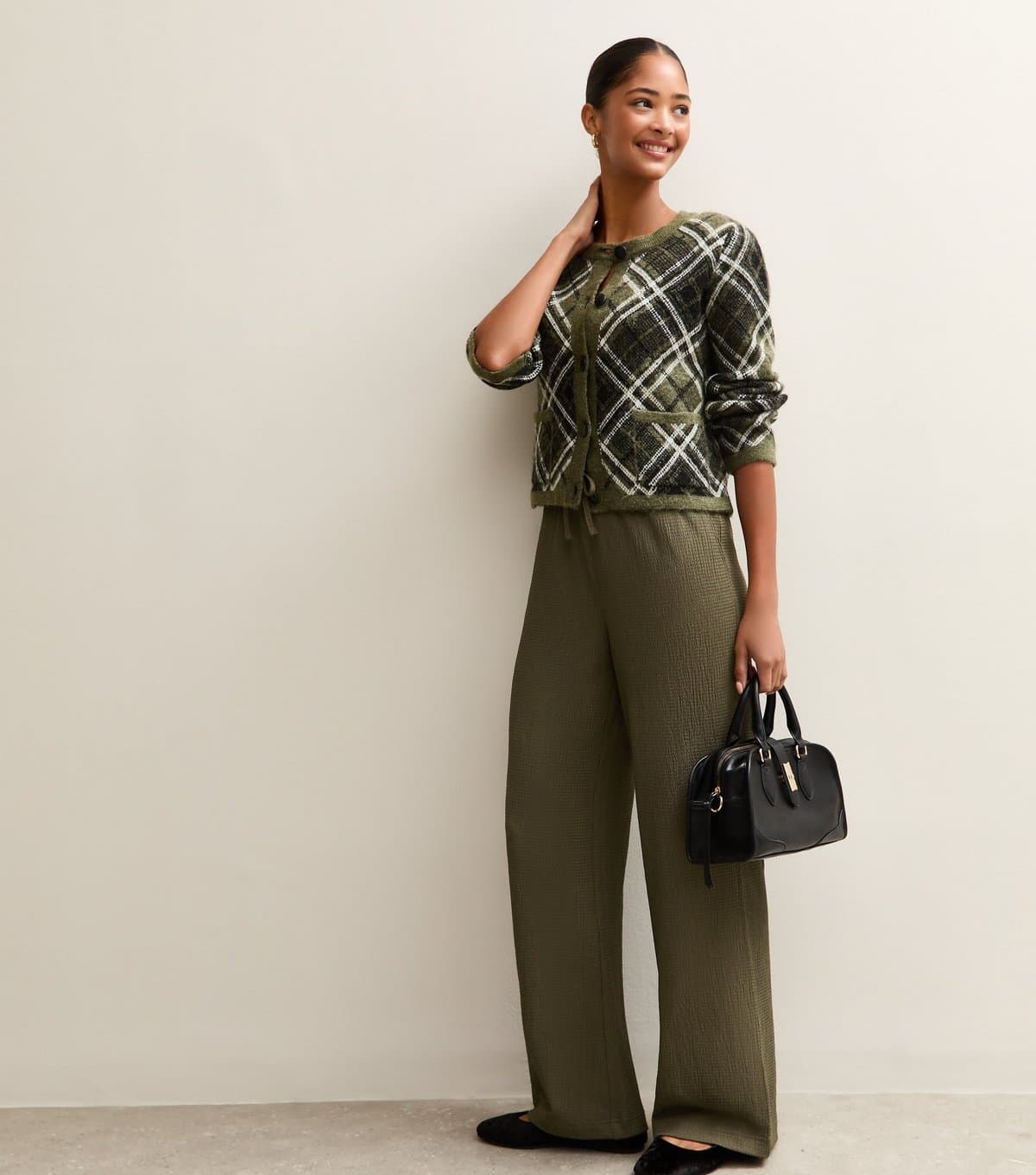New Look Women's Light Khaki Textured Wide Leg Trousers New Look