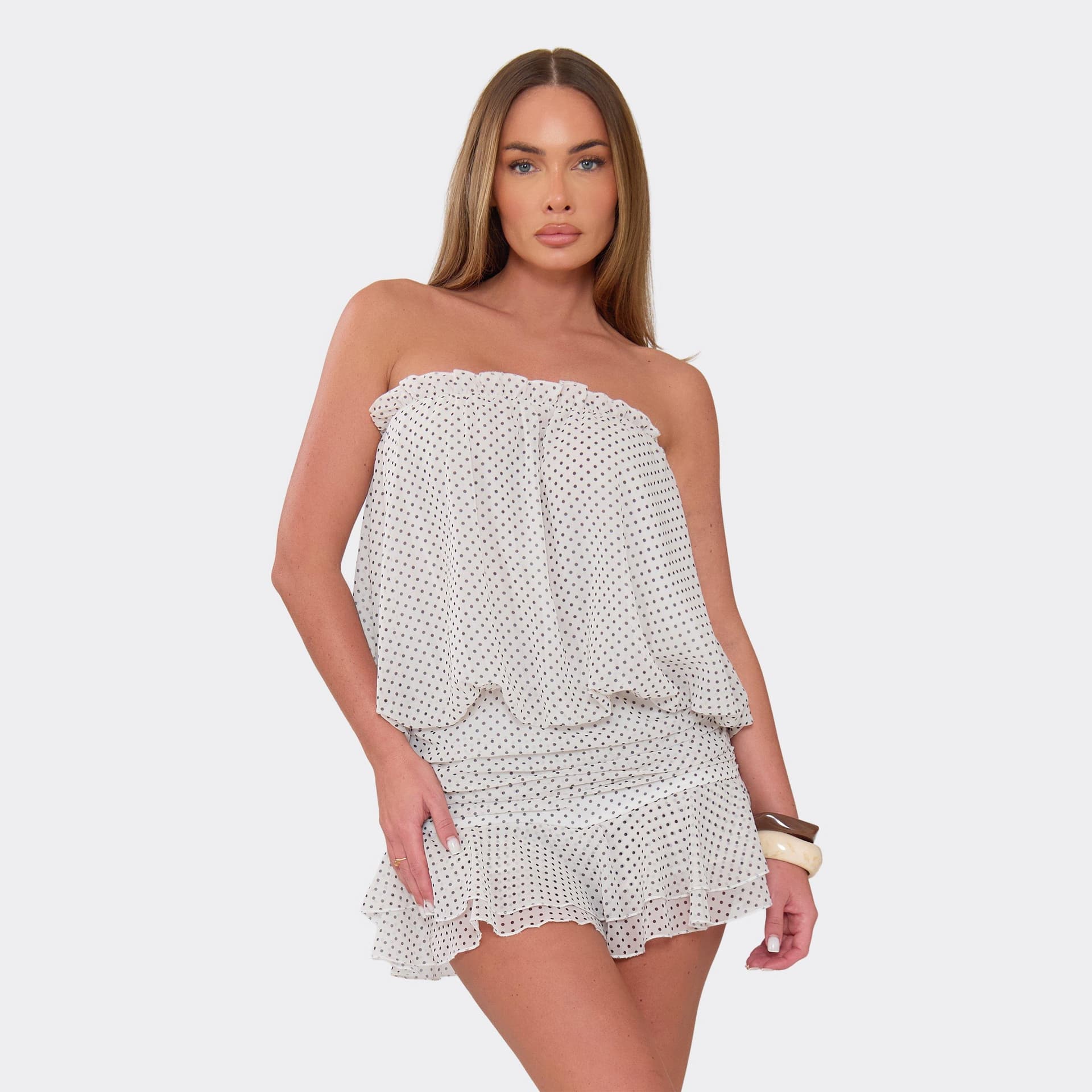 EGO Bandeau Frill Hem Blouson Playsuit In White Polka Dot, Women's Size UK 6