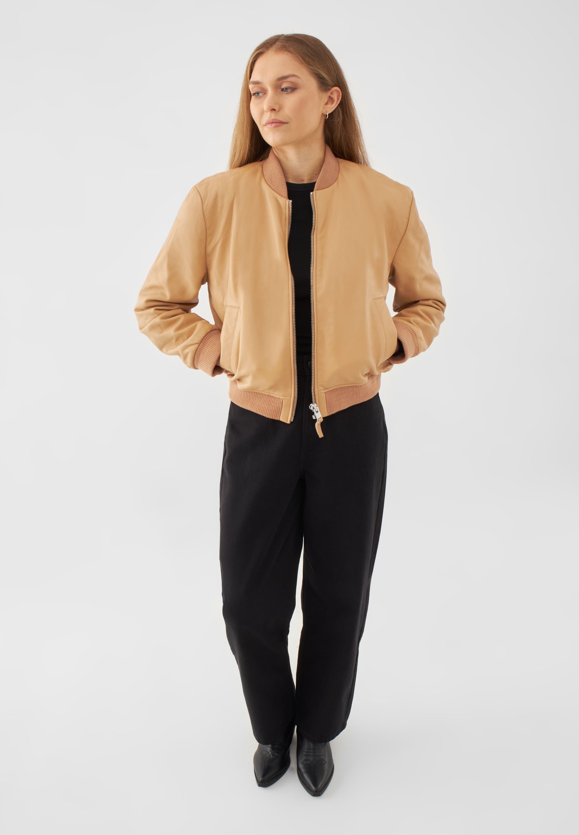 Bolongaro Trevor Bolongaro Trevor Women's Real Leather Minimal Bomber Jacket in Light Tan - 3