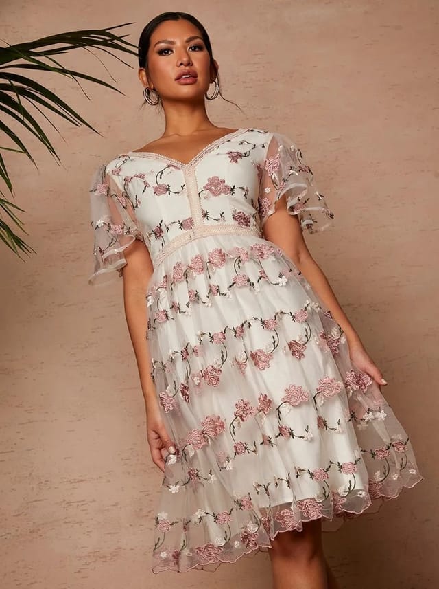 chi chi london Chi Chi London Women's V Neck Floral Embroidered Lace Midi Dress in Pink in Light Pink - 2
