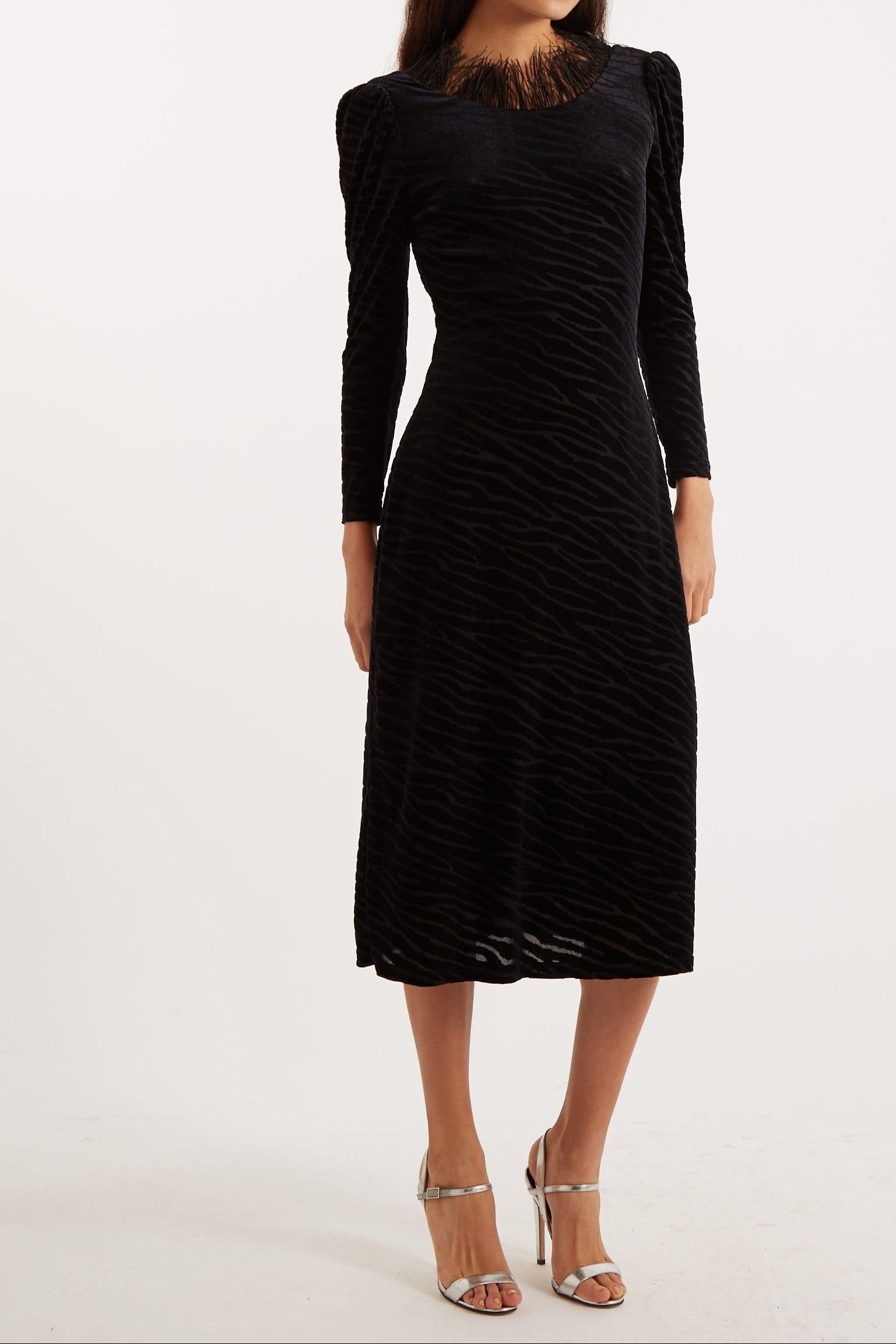 Louche Louche Women's Krystel Zebra Devore Feather Trim Midi Dress Black - 1